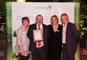Perennial 2017 Vicky Nuttall Colin Wetherley Mein GIMA Past President Laura Garnett Perennial Chris RamsdenGIMA President. GIMA awarded ‘Charity Champions’ at Party for Perennial